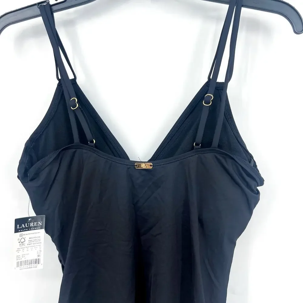 LAUREN RALPH LAUREN Double Strap Twist Tankini Top Size 12 Black Underwire NWT